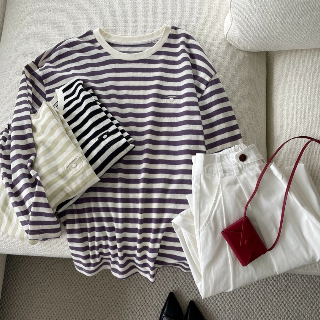 FUJIA STYLE新款韩版气质简约撞色条纹T恤T25096