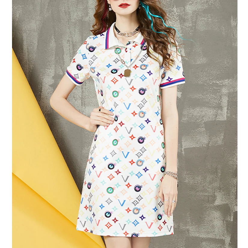 SAITPATID休闲时尚印花短袖白色连衣裙女秋季新款运动休闲Polo裙