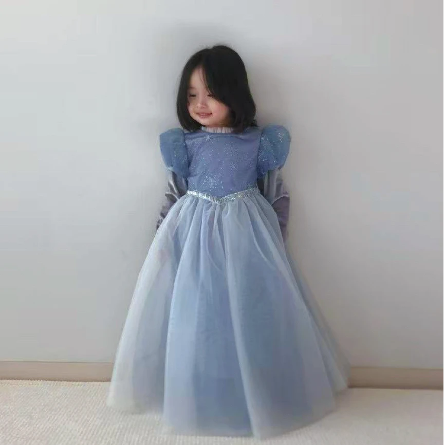 YA｜【经典款】女童冰雪奇缘艾莎公主裙蓝色雪花长裙生日礼服春夏