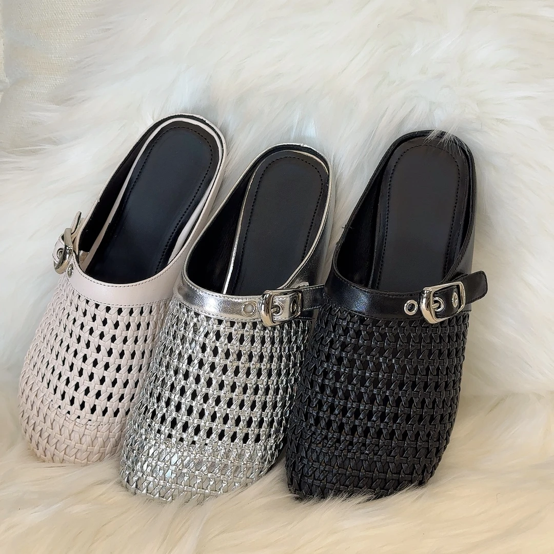 镂空女夏季编织时装凉鞋皮带扣皮带扣半拖女套脚穆勒鞋女外网爆火