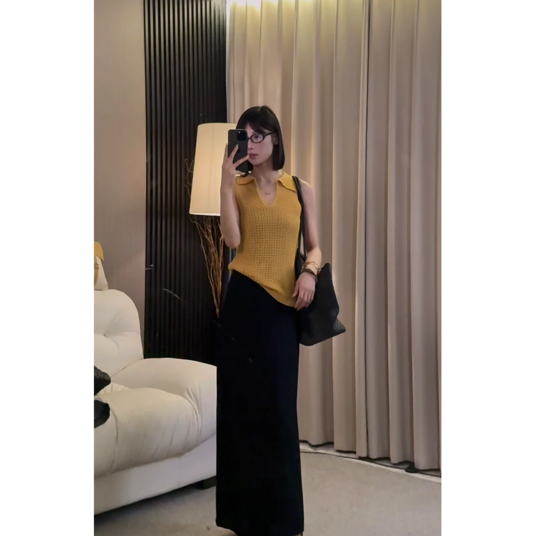 【ZZ严选】EK102镂空微透视Polo领针织衫吊带背心女老钱风气质上衣