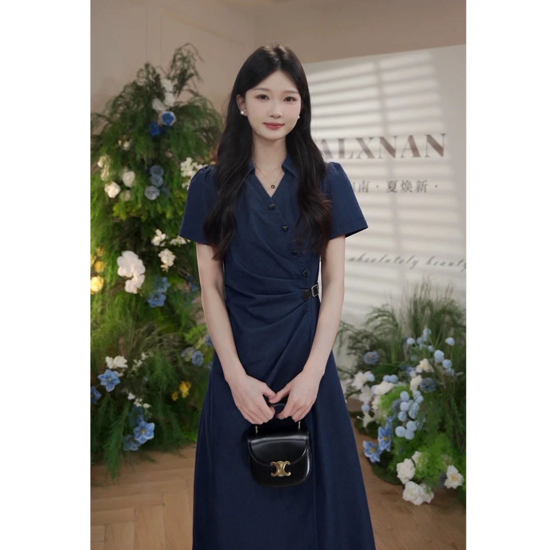 鹿向南「蔚蓝絮语」夏季新款时尚气质polo领衬衫优雅假两件连衣裙女