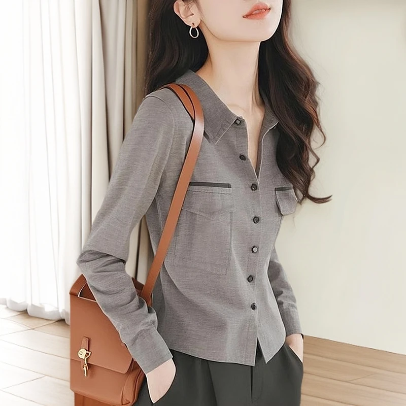 灰色长袖衬衫春装女2025新款爆款小衫高级感独特漂亮法式气质上衣
