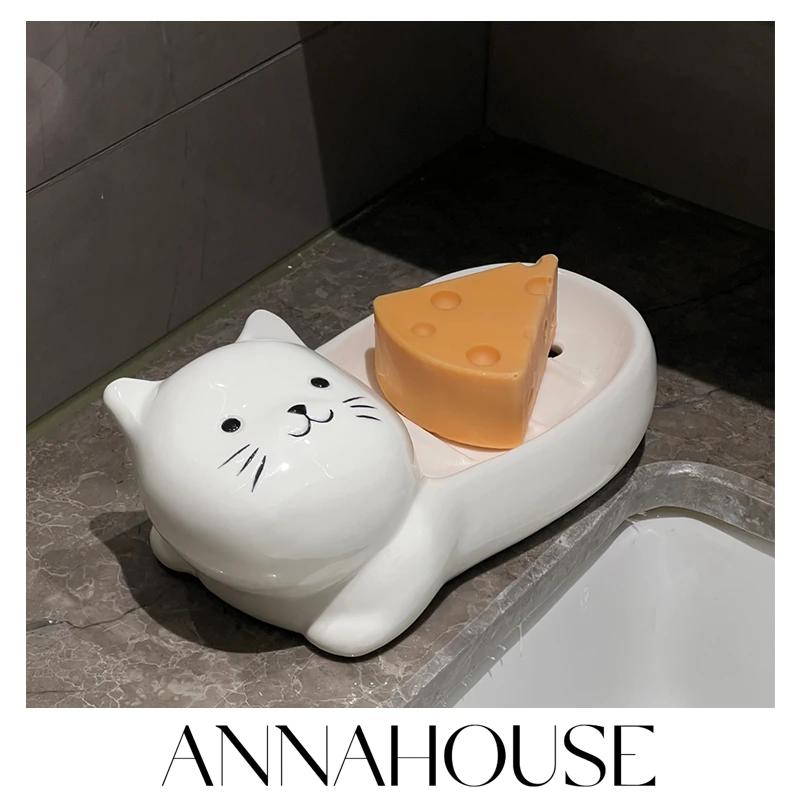 ANNAHOUSE可爱慵懒猫咪香皂盒免打孔肥皂碟创意陶瓷饰品YF