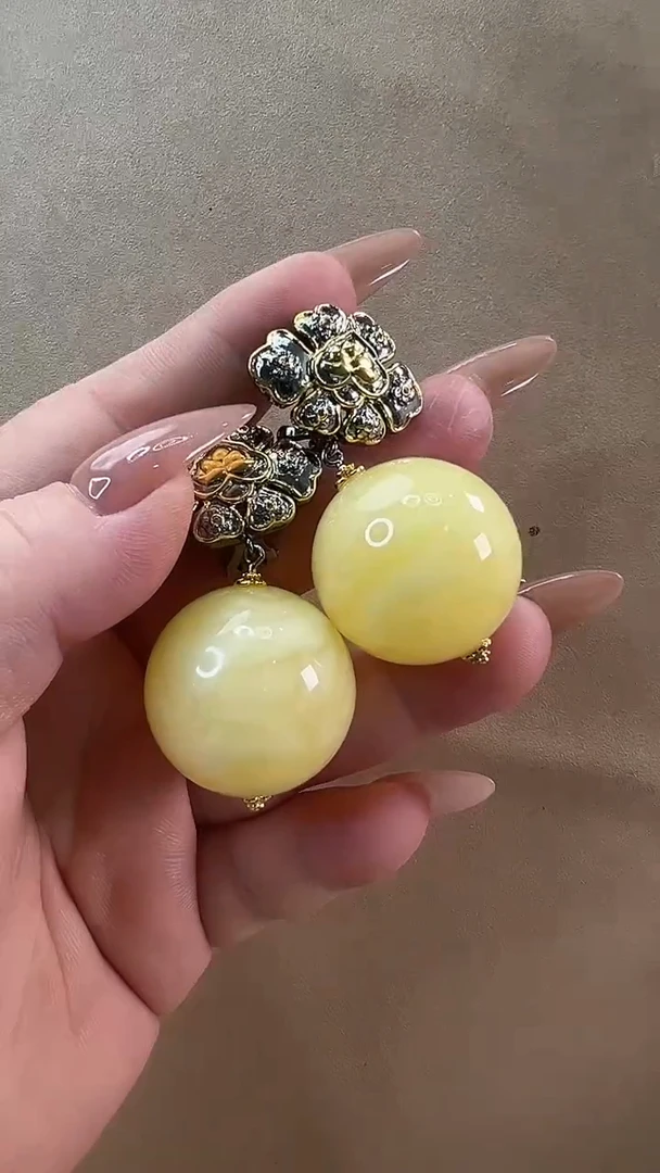 【闪购商品】琥珀耳饰银S925镶嵌耳环