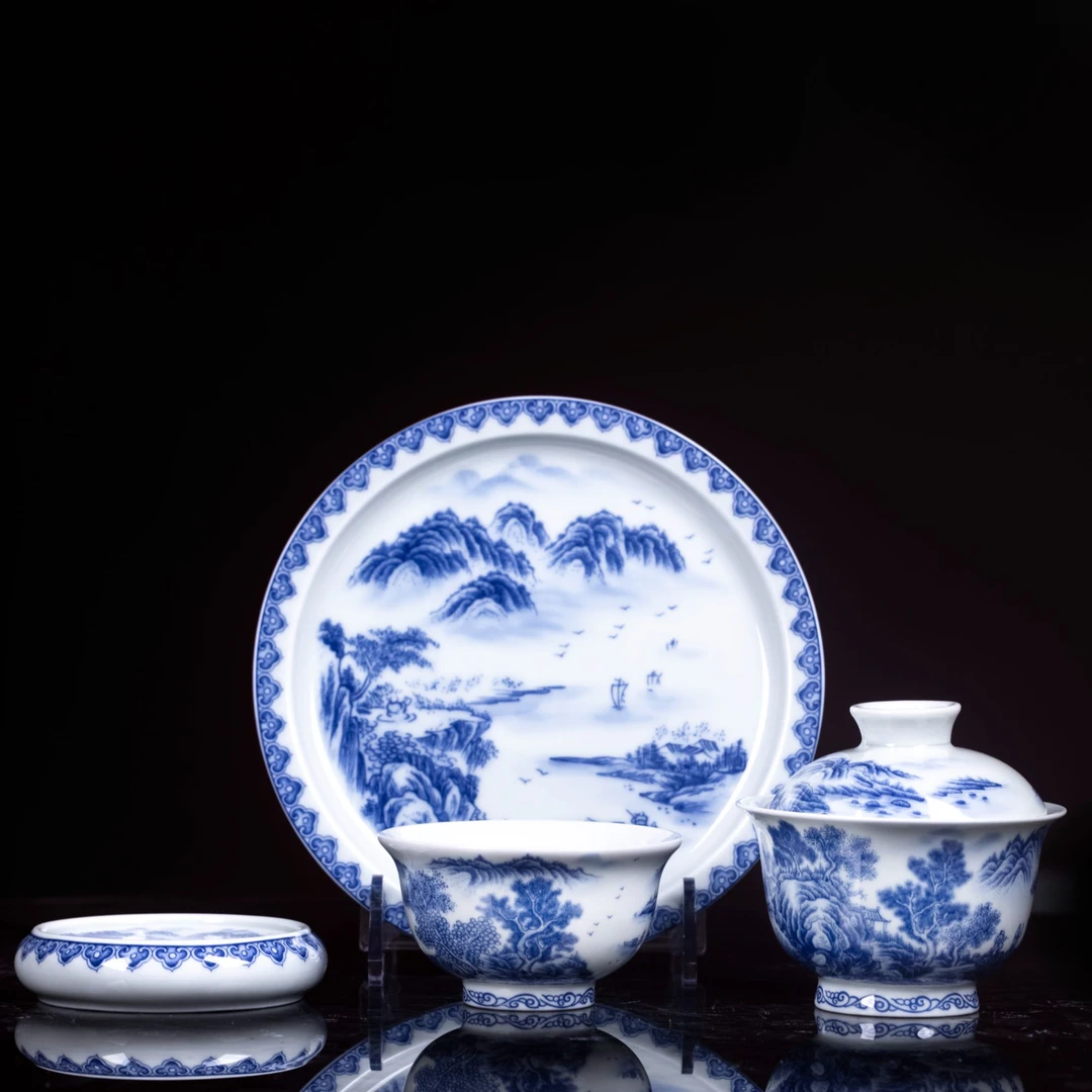 景德镇陶瓷  青花山水溪山访友图盖碗茶杯套组高温釉下手工茶具