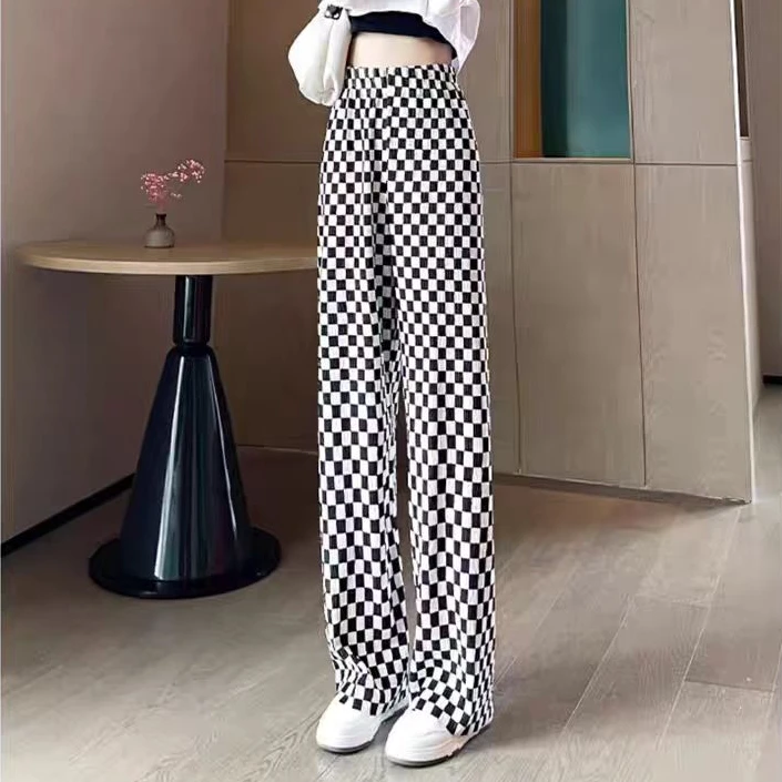 棋盘格宽松阔腿裤女高腰直筒休闲拖地黑白格子裤20122(A14-11)