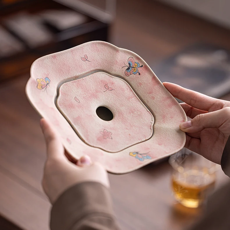 亘古 手绘焦糖釉粉蝶飞舞小容量存储双用壶承家用户外小型干泡台