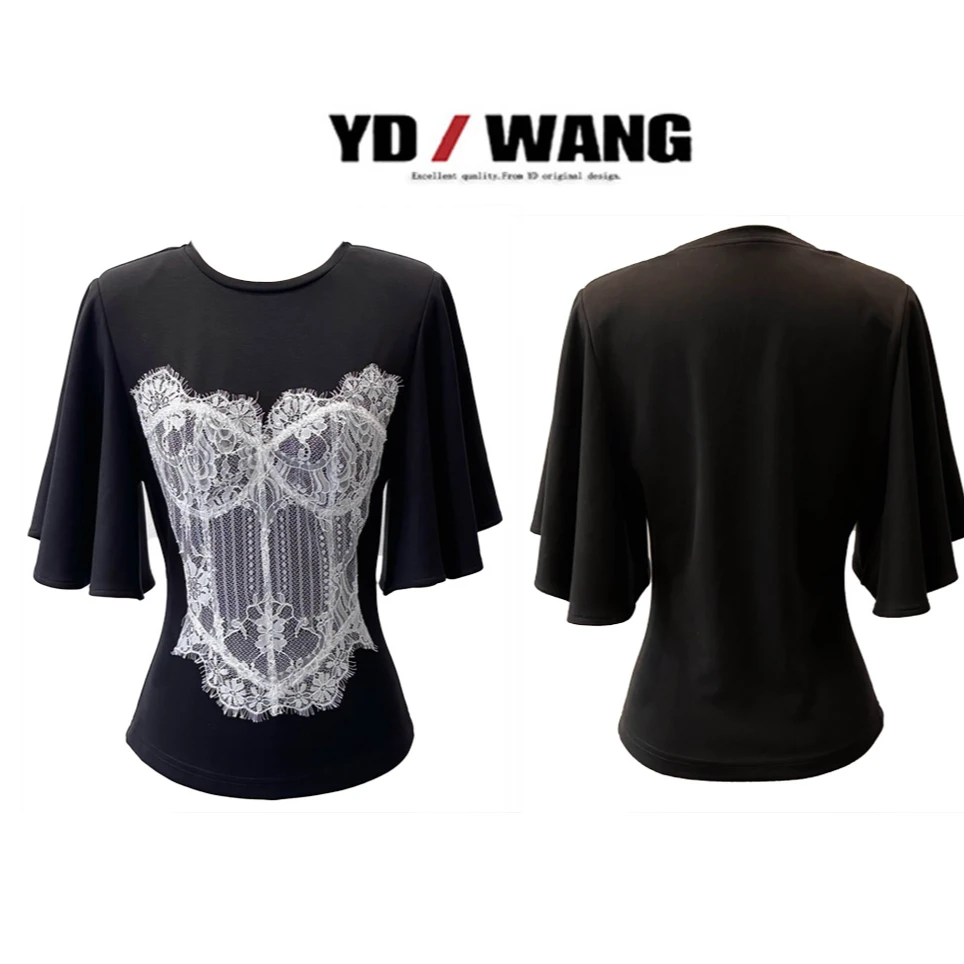 【YD精选】花边蕾丝拼接短袖衫   设计款时尚休闲小众气质女人味