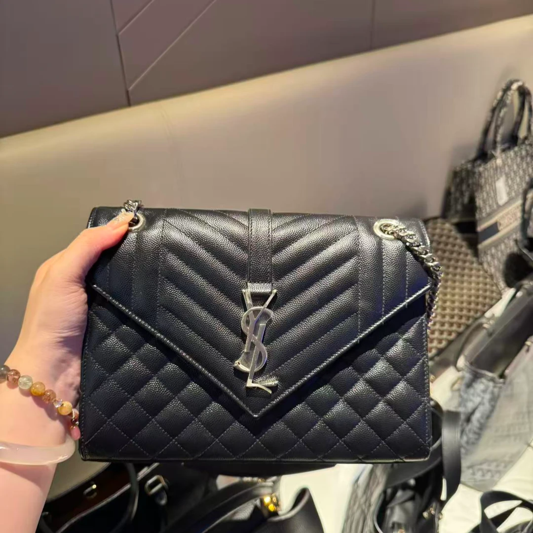 99新 YSL/圣罗兰 信封中黑银/亲妈寄卖/062189