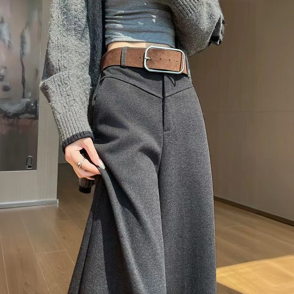 【送腰带】加厚毛呢阔腿裤女2025秋冬新款高腰显瘦宽松西装休闲裤