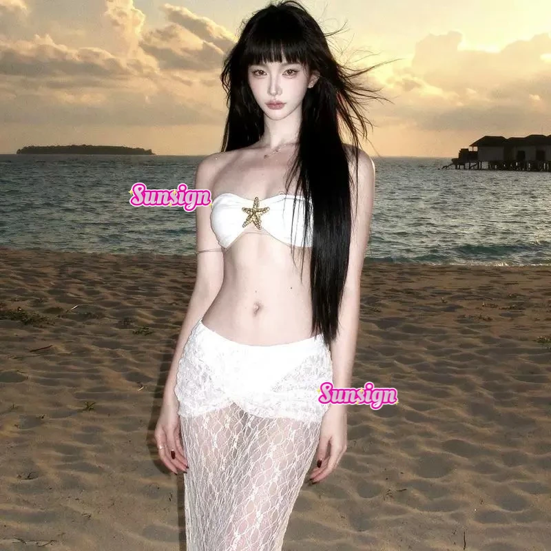 Sun【海星蕾丝】泳衣女温泉比基尼纯欲海岛度假性感显瘦蕾丝长裙