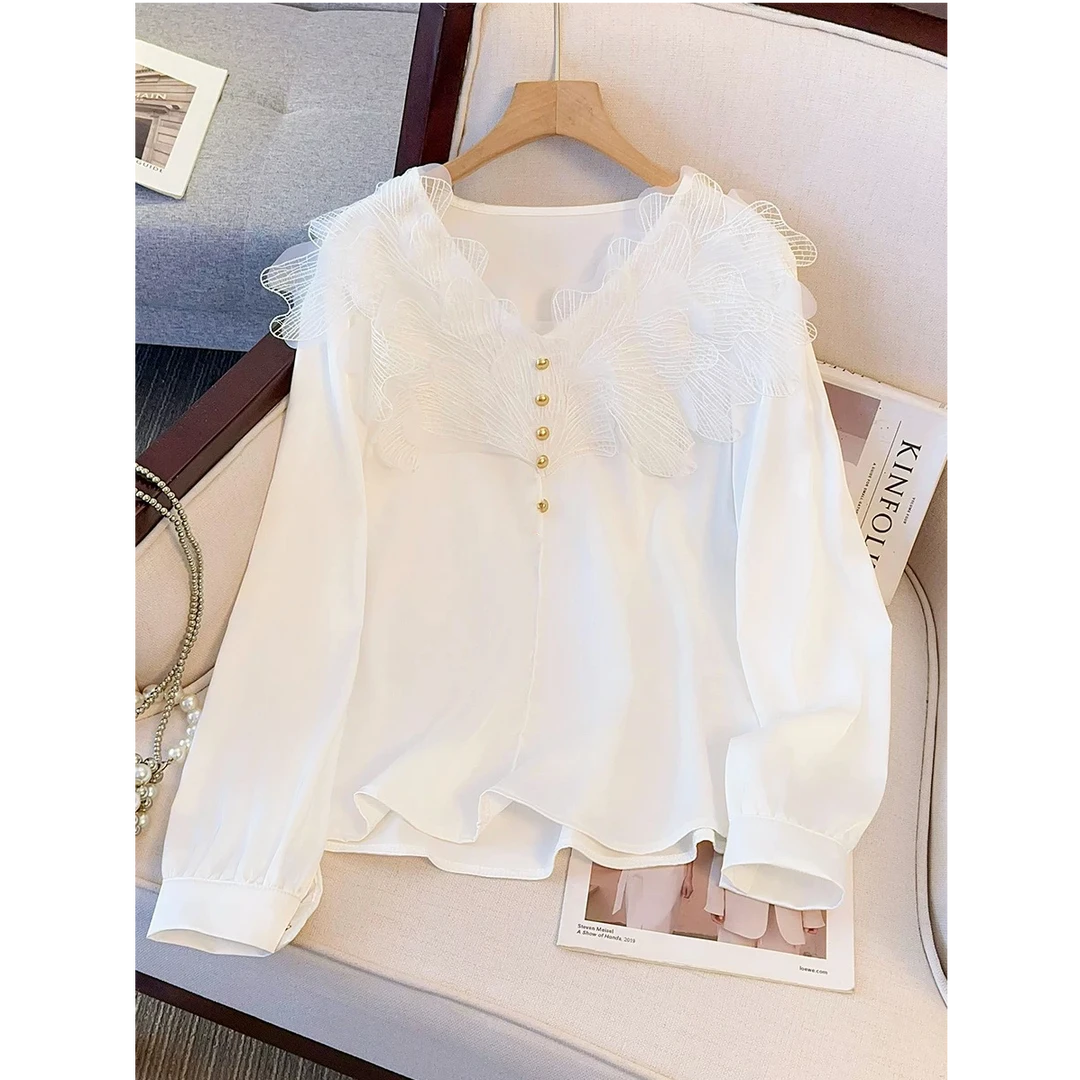 新款法式甜美减龄气质拼接蕾丝时尚衬衫S317