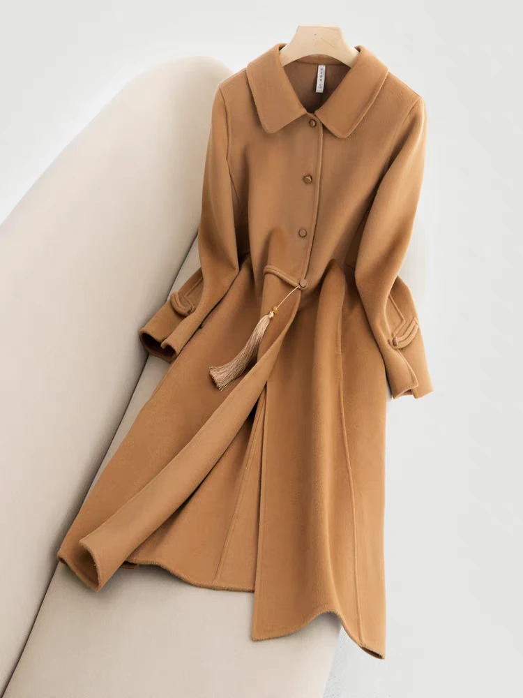 2526时尚长款女百搭毛呢外套国风韩版大衣女装外套气质双面呢长款