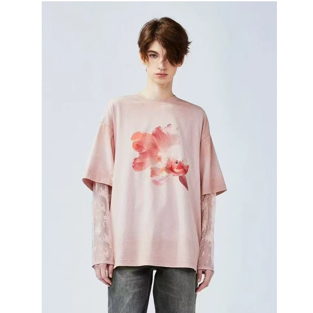 【朵拉外贸】金鱼印花蕾丝袖T恤