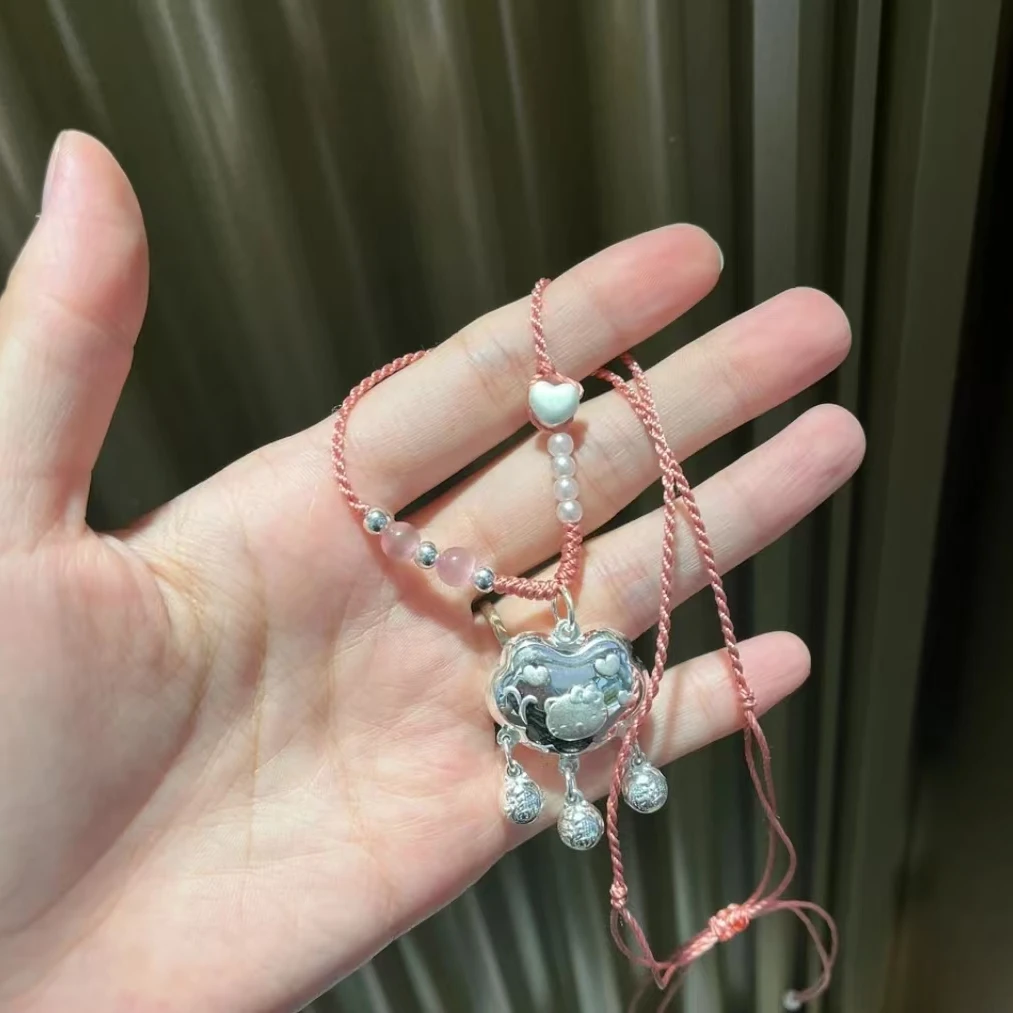 吊坠足银 足银999HelloKitty猫纯银吊坠手工项链少女心编绳