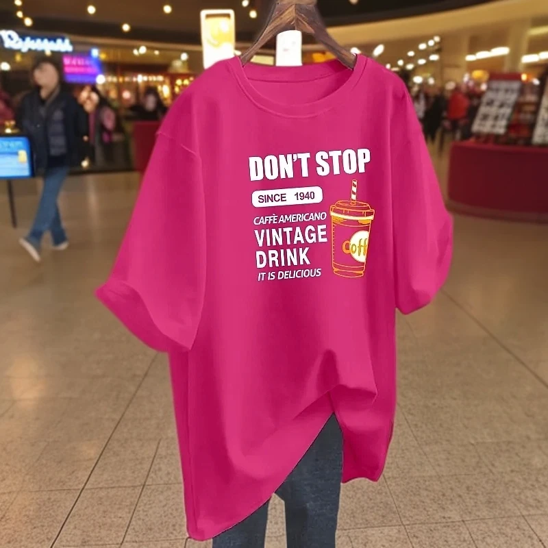 火龙果色t恤女短袖宽松中长款印花大码半袖纯棉上衣2025新款爆款