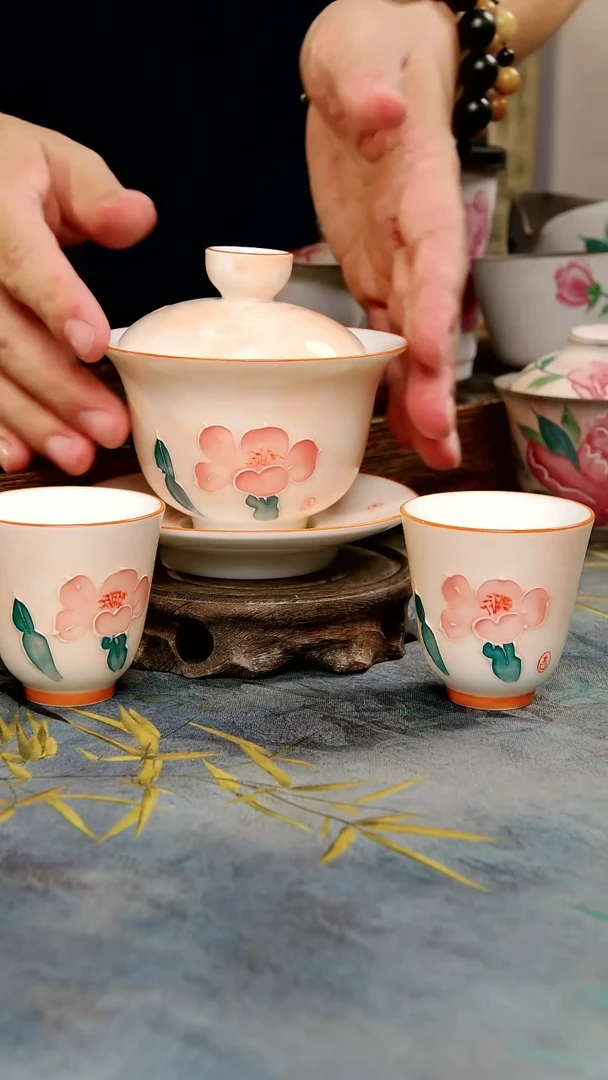 亘古茶具柴烧精品@手绘山茶花盖碗加两杯