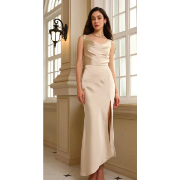 23408S无袖香槟色侧开叉V领连衣裙