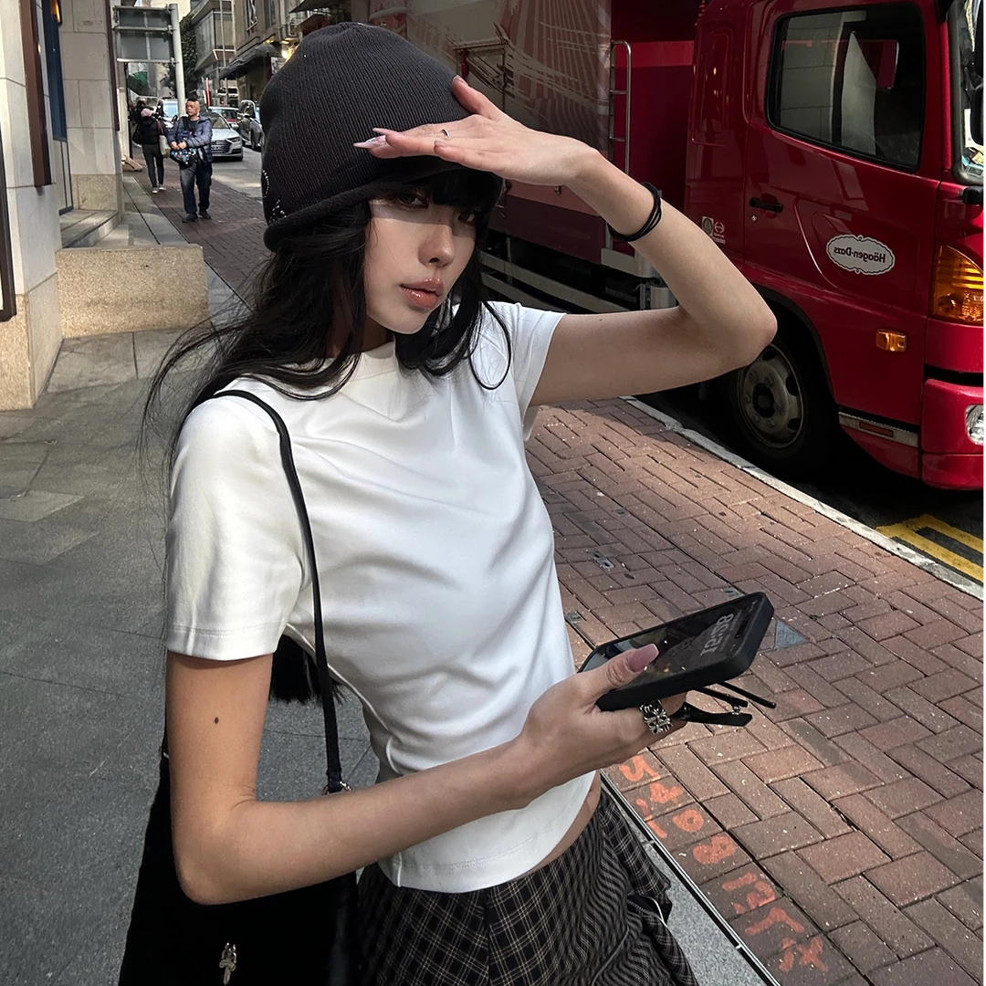 白色正肩T恤女早春基础款圆领修身小上衣夏季韩版纯色短款百搭