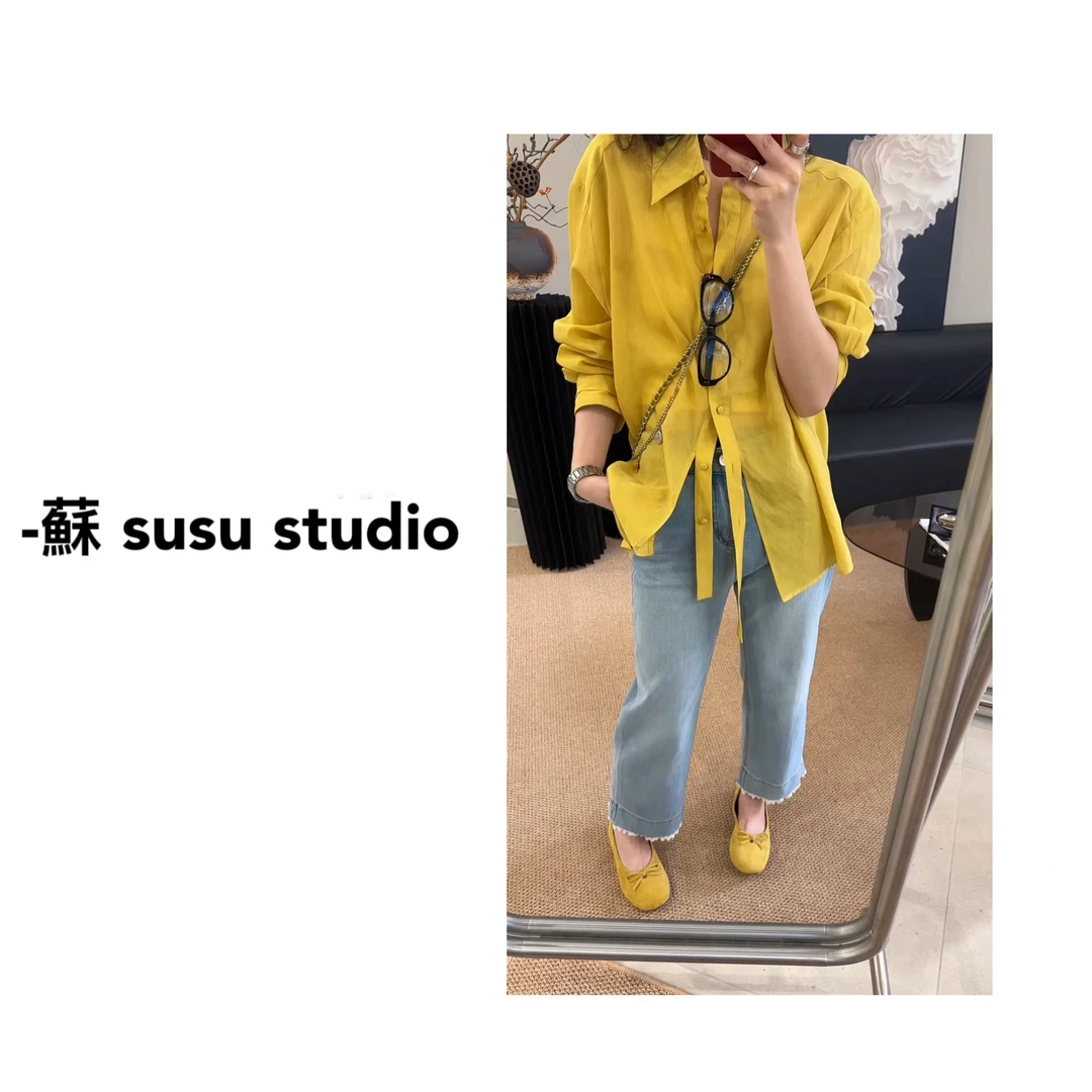 ZX6180慵懒复古感气质蓝色衬衫2025春季显瘦Polo领气质上衣女