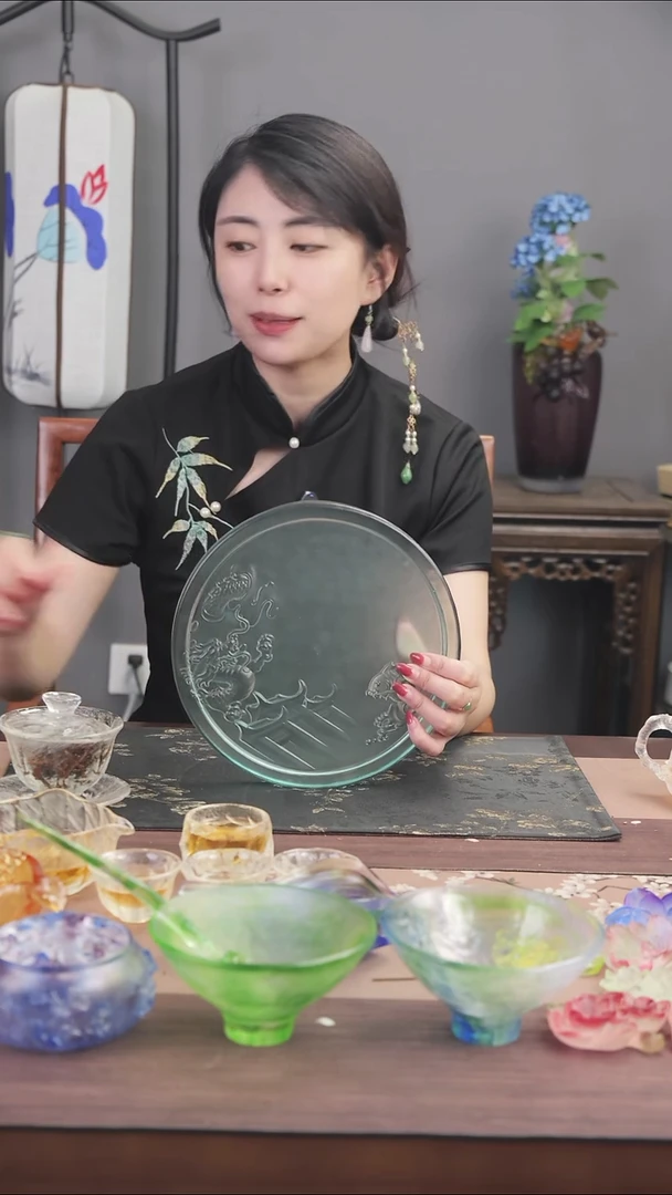 手工艺品琉璃天青色鲤鱼跃龙门茶盘