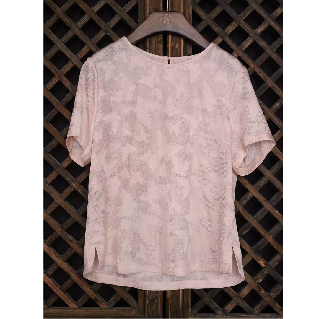 盛唐婧新中式桑蚕丝四经绞罗蝶影上衣-粉色国风新中式女装