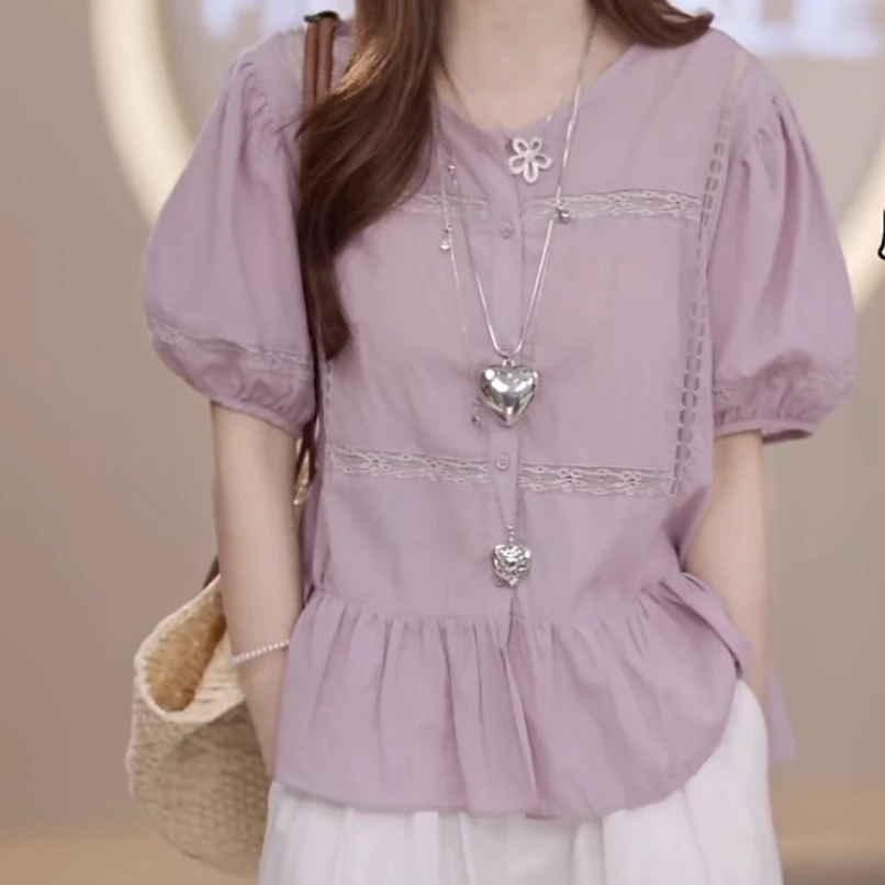 蕾丝花边设计感衬衫系带显瘦上衣女2025夏季新款小众气质通勤上衣