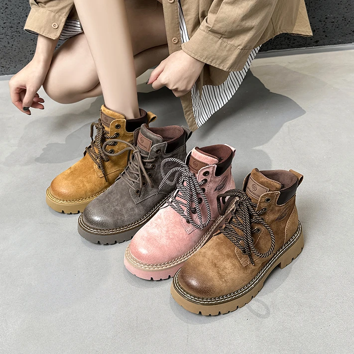 学院风圆头系带百搭马丁靴秋冬防滑中跟厚底短靴靴子英伦风真皮