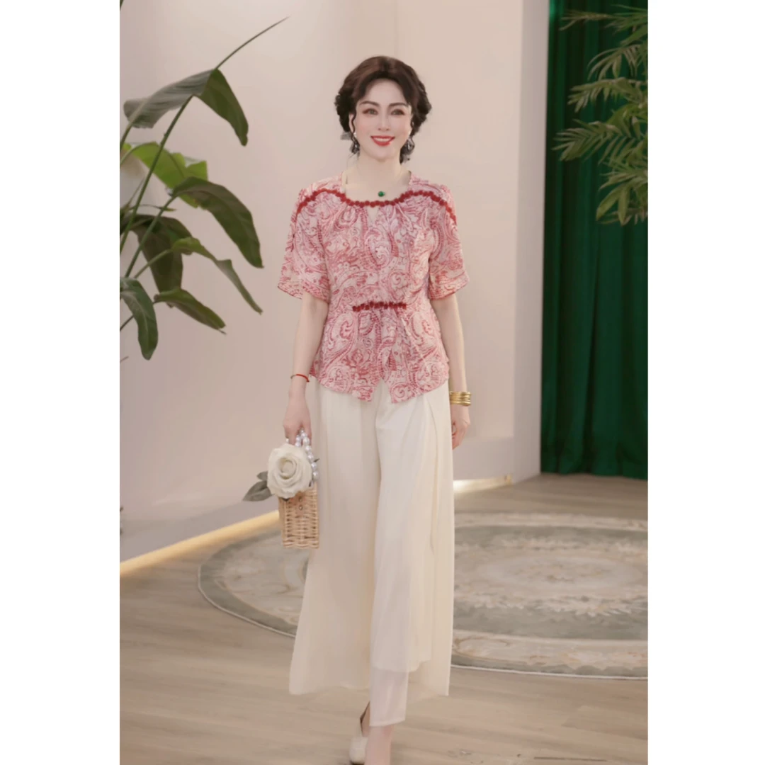 【现货现发】夏装薄款时尚两件套气质中老年女装洋气小衫上衣套装