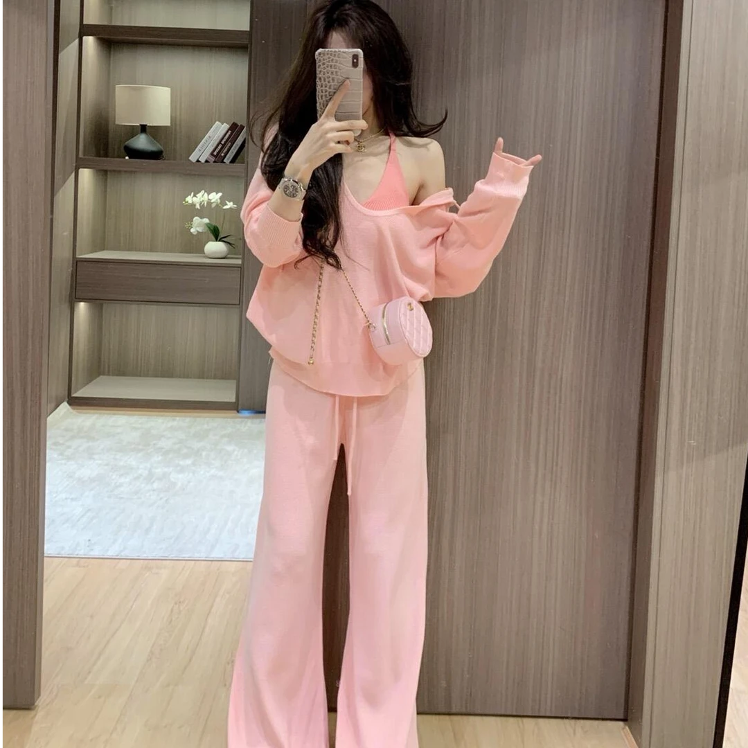 小个子时尚运动穿搭一整套女秋季挂脖背心叠穿连帽上衣休闲裤套装