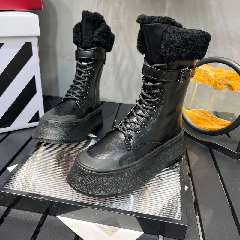 【汐也鞋屿】欧货中筒靴加绒厚底时尚百搭超轻防滑小腿靴东北棉鞋