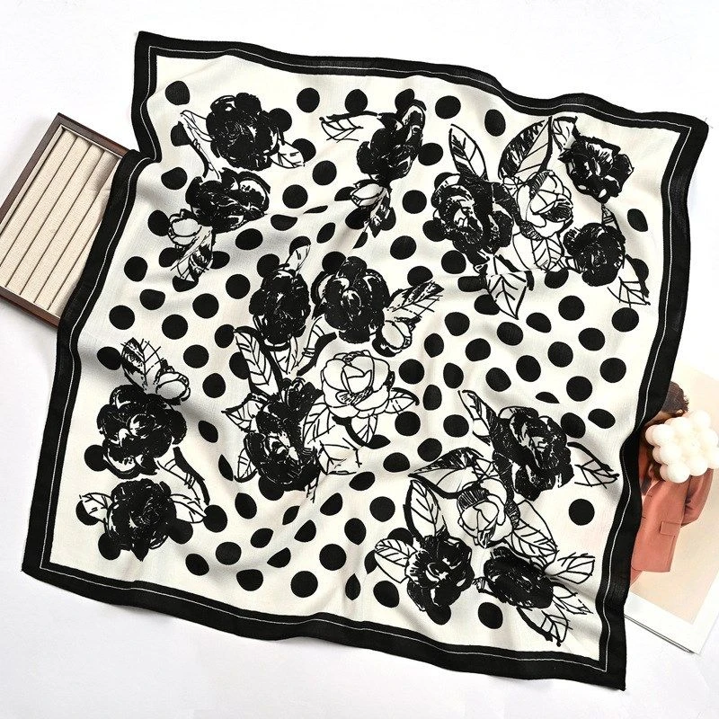 2025新款时尚波点山茶花丝巾春秋夏季小方巾领巾百搭围脖(350)