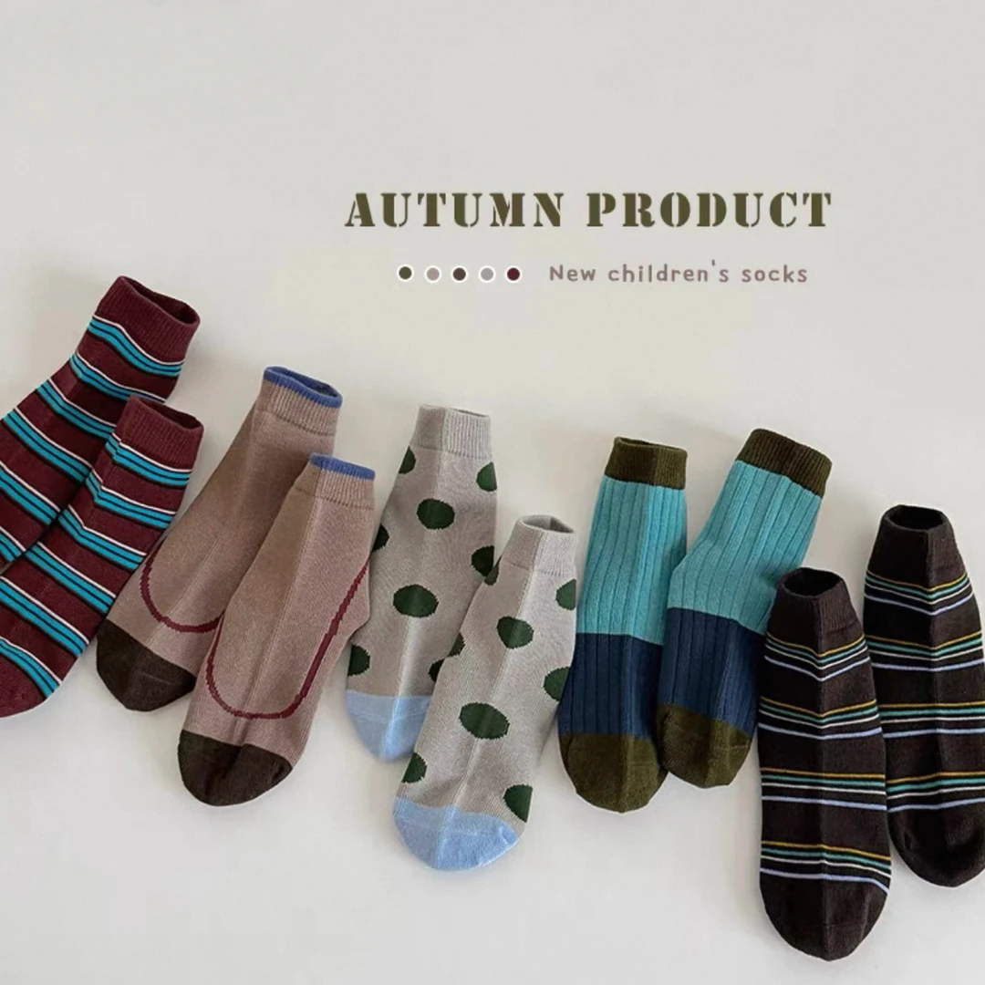 男童袜子春秋季中筒袜儿童韩版ins拼色条纹潮袜秋天波点棉袜