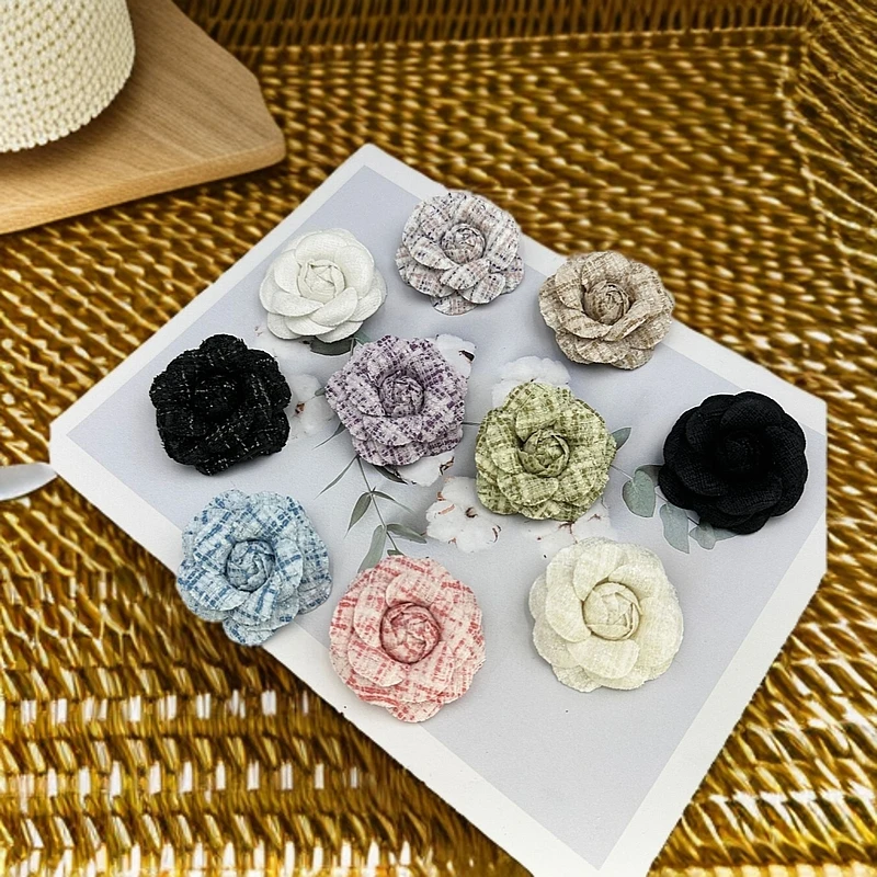 韩版小香风千鸟格布艺山茶花朵胸针胸花鞋花发饰手机壳diy配饰材