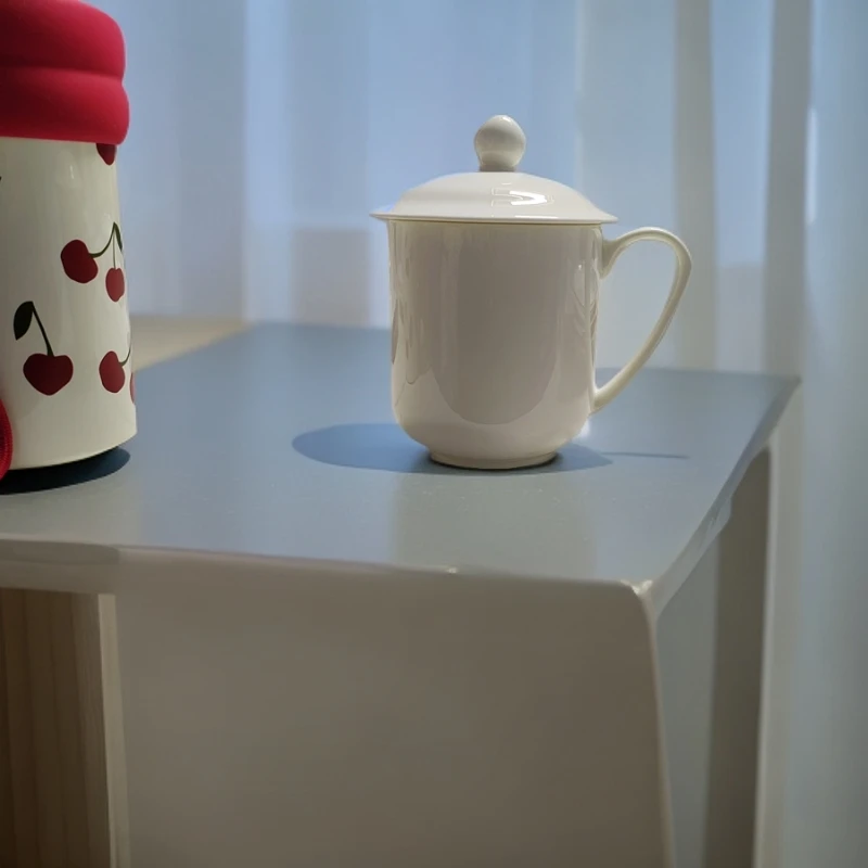 家用骨质瓷杯子6只装大容量白瓷带盖会议杯纯白支持logo定制简约