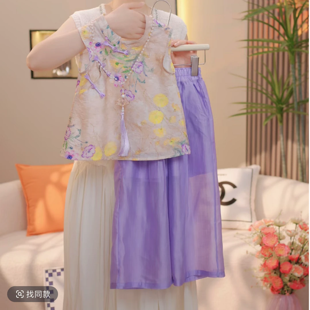 逗小铺【七尚】女童薄款新中式夏季中国风时髦短袖裤子套装K061