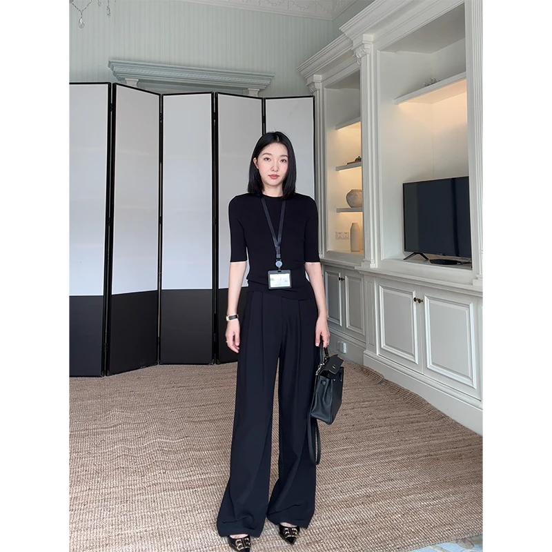 郭九九呢 天丝简约修身显瘦打底针织衫高腰直筒阔腿裤 G925Z01907