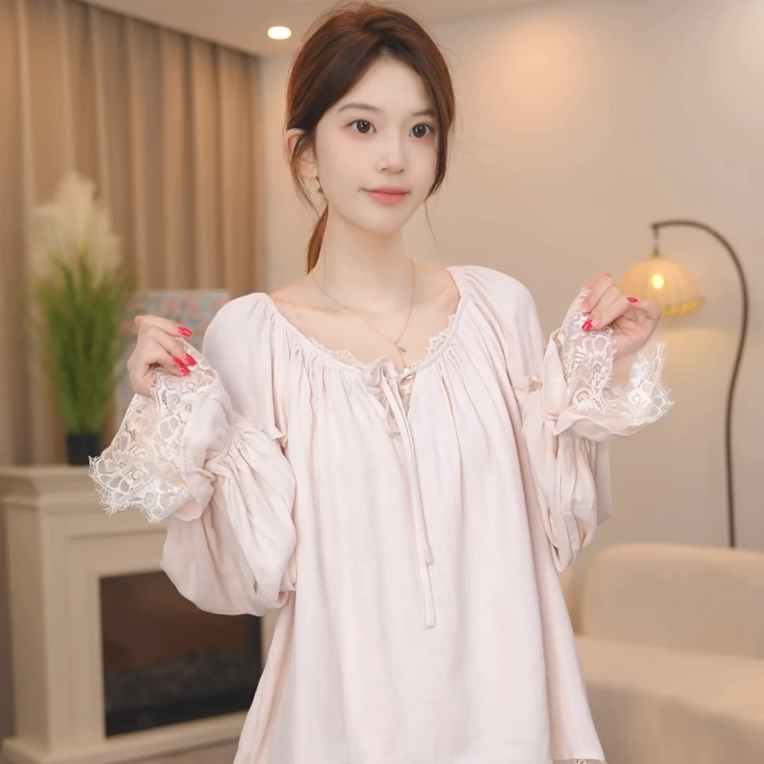 板栗小姐【欣融Y】春秋长袖甜美风全棉双层纱睡衣女套装可外穿