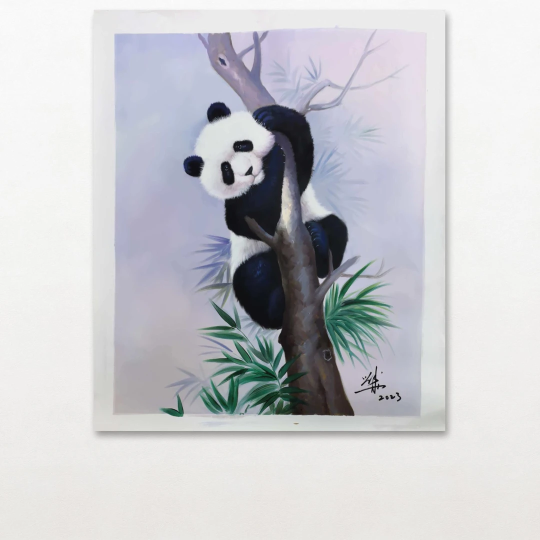 刘用华-手绘油画-熊猫（白）-客厅办公室挂画