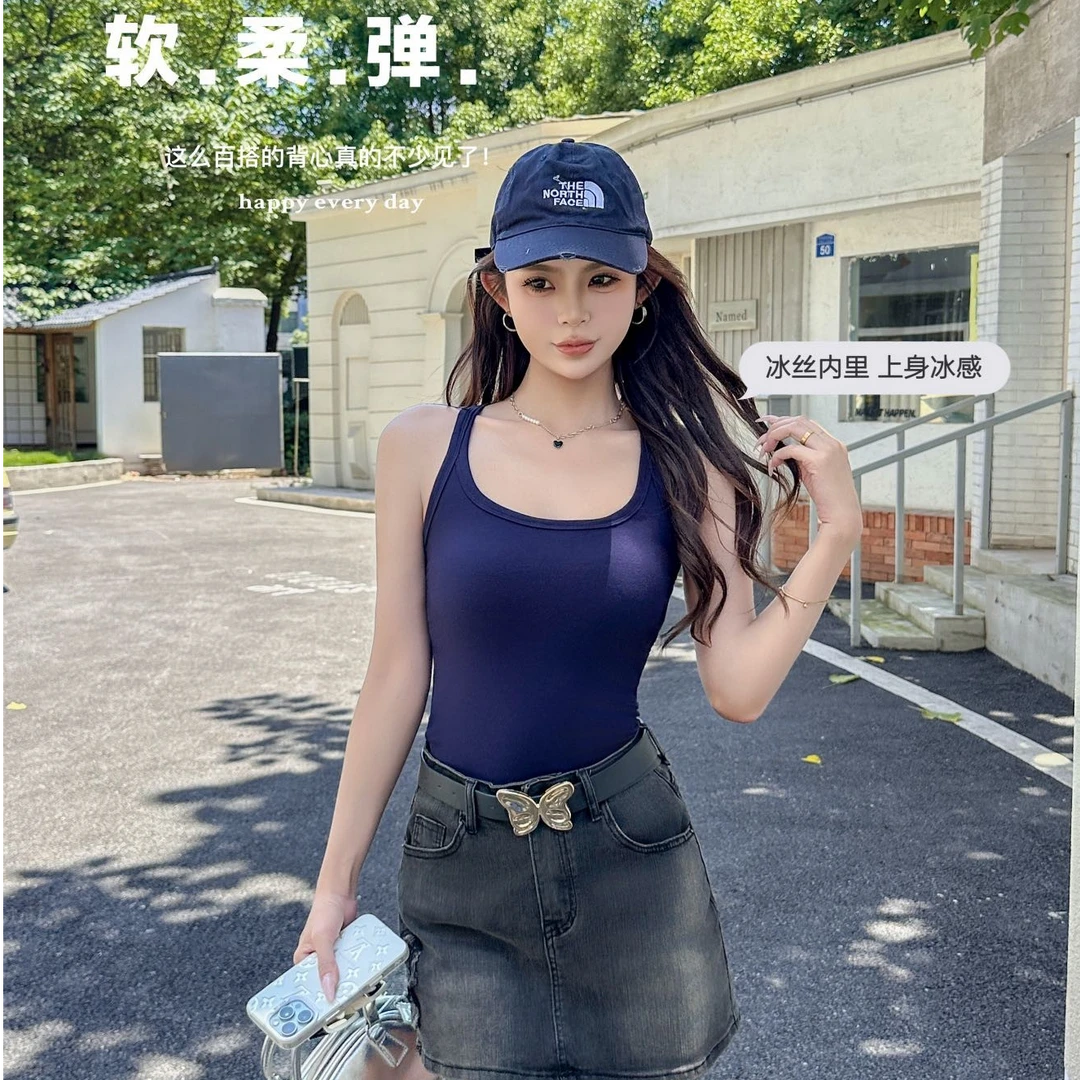 吊带背心内搭红色修身显瘦性感辣妹女款无袖T恤背心内搭外穿胸垫