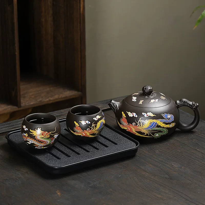 正品紫砂泡茶壶纯手工西施壶大号球孔过滤遇热变色龙凤呈祥凤鸣壶