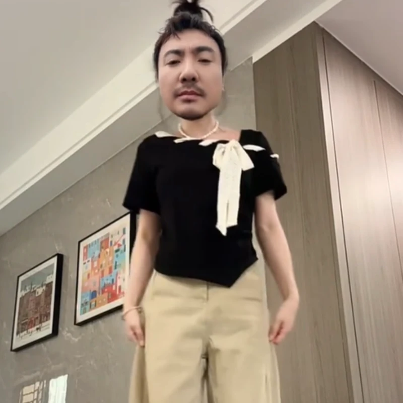 2025年夏季新款韩版高级设计感绑带短袖T恤修身显瘦纯欲百搭上衣