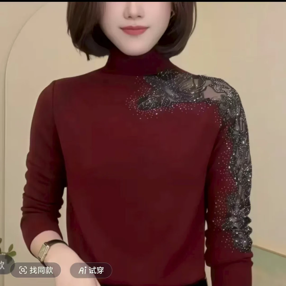 59908【衣长55】镂空常规纯色长袖半高领烫钻T恤网红女士洋气