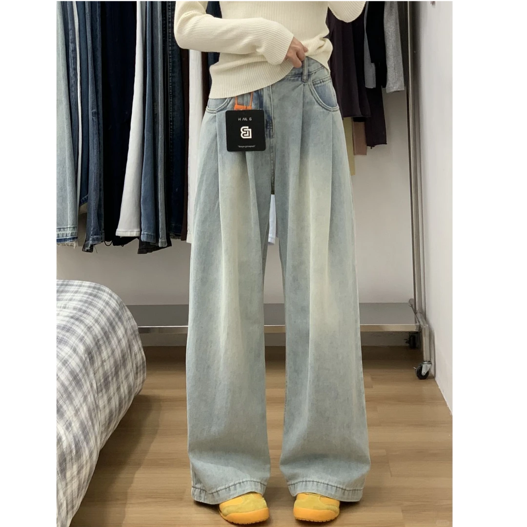 怀旧蓝垂感阔腿牛仔裤女春夏新款宽松显瘦直筒拖地裤高个子长裤