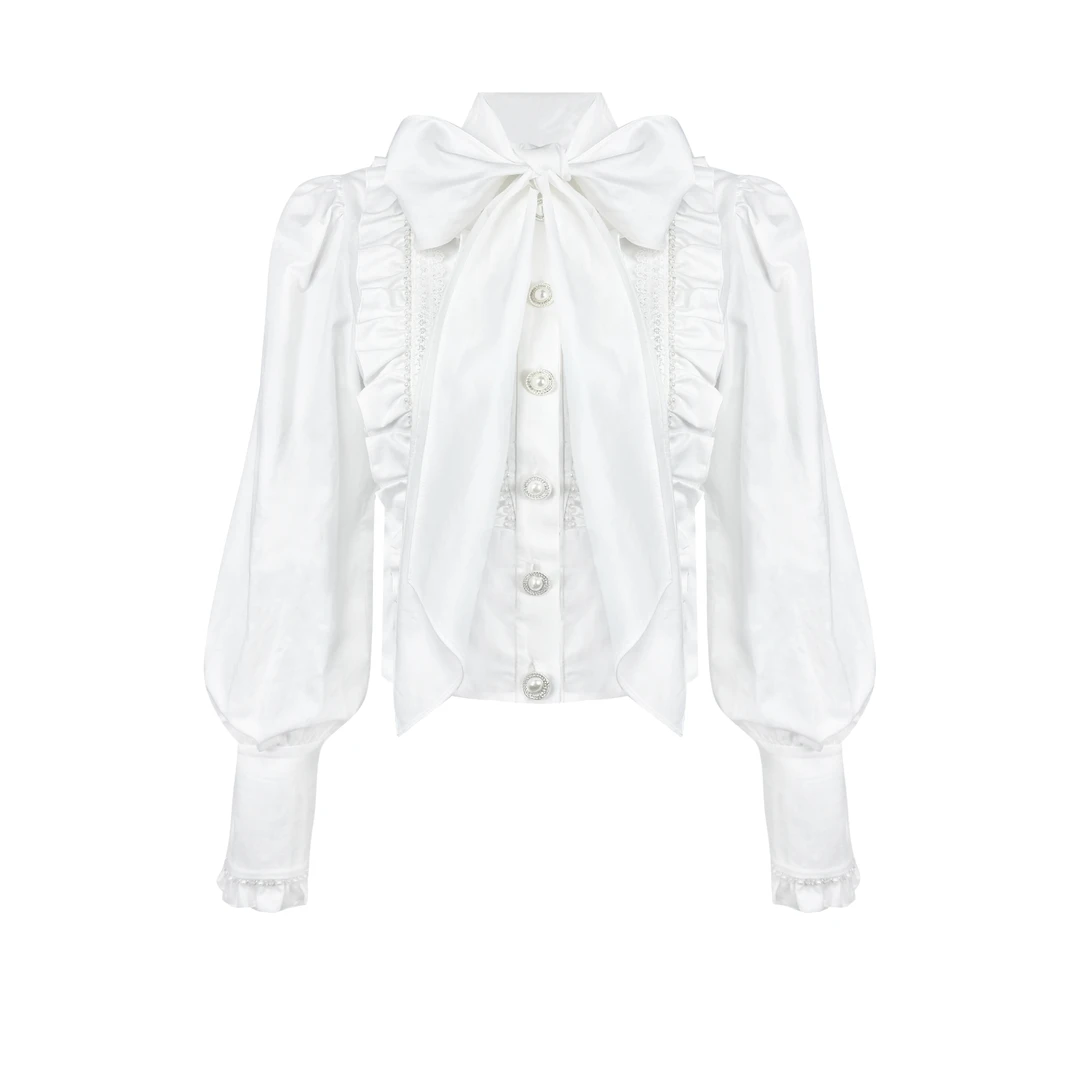 姜穹JIANGQIONG 2025春夏蕾丝花边珠链钻扣绑带蝴蝶结饰收腰衬衫