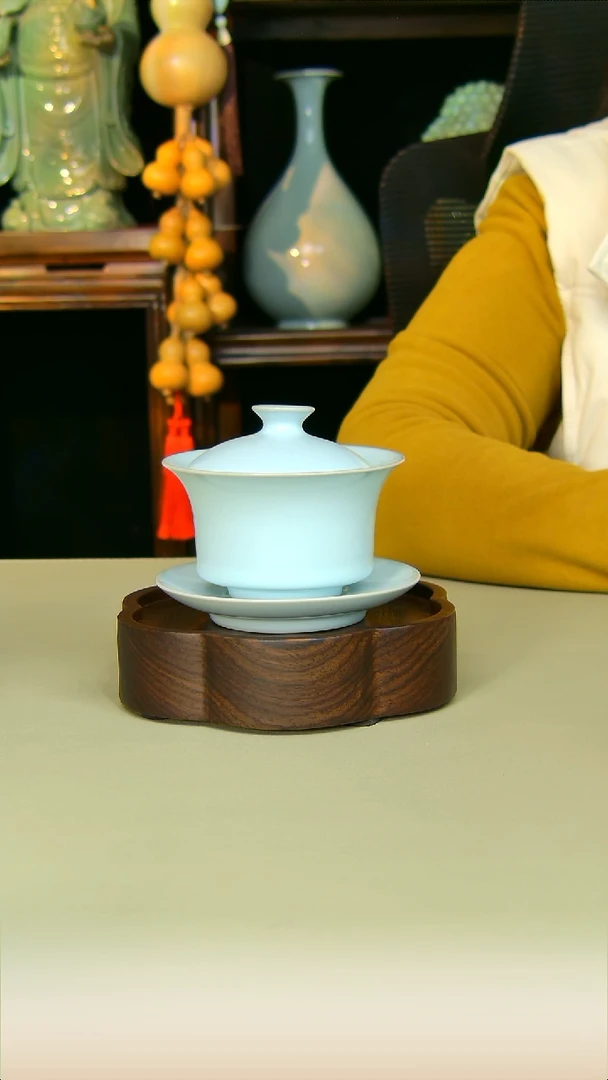 杯子陶月白马蹄盖碗全手工原矿不完美