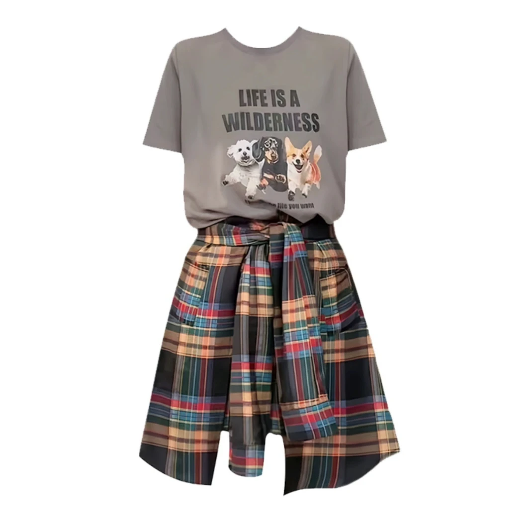 小狗字母印花短袖T恤/撞色格子叠穿裙