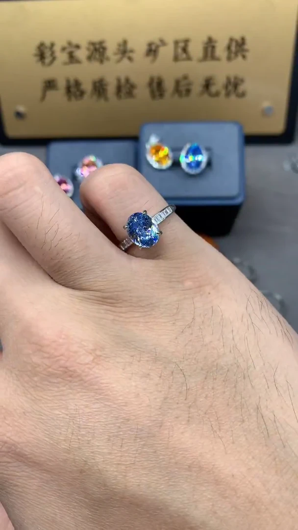 银S925镶嵌戒圈海蓝宝石2222