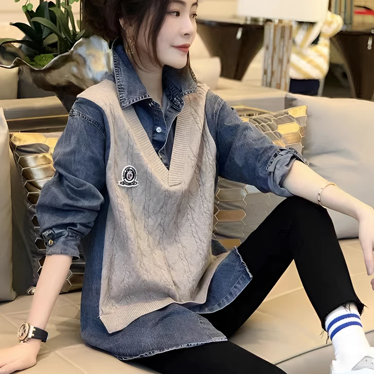 欧洲站新款设计感百搭休闲针织毛衣拼接牛仔衬衫假两件女